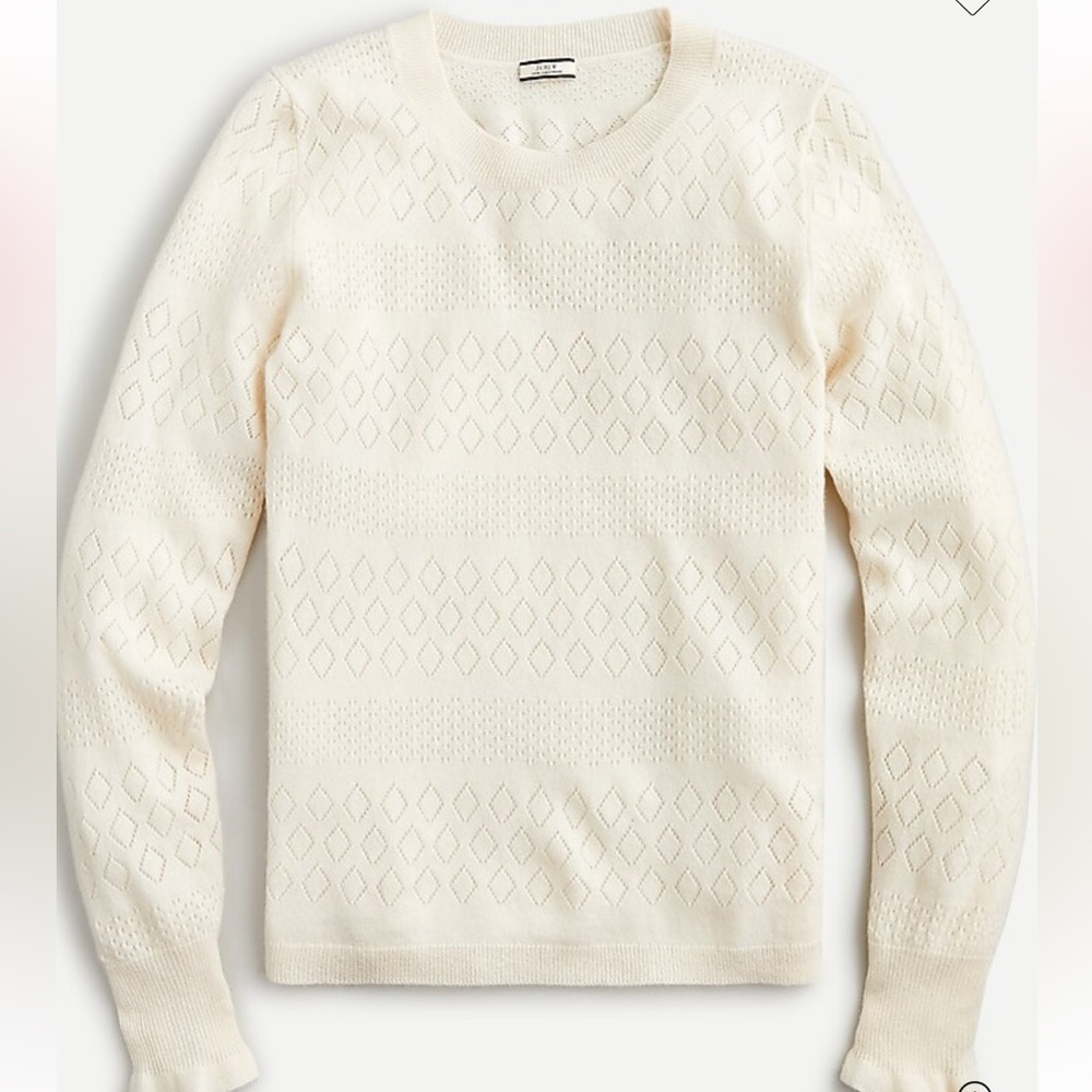 J.Crew 100% Cashmere Crewneck Sweater-Pointelle Stitch-Ruffle Wrist-Fairycore